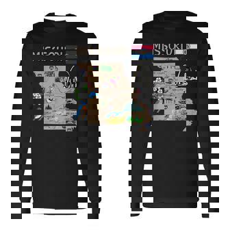 ミズーリ州のランドマーク、主要都市、道路、旗の地図 長袖Tシャツ - Kawaiitshirt