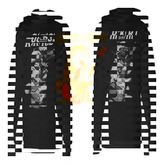 ロックするパグ犬 ギター演奏の面白デザイン 長袖Tシャツ - Kawaiitshirt