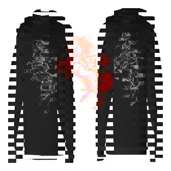 丙午 火の馬 墨絵 ストリートアート 筆文字 和柄 漢字 グラフィック 赤い炎 デザイン 日本風 長袖Tシャツ - Kawaiitshirt