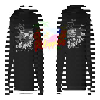 旗のヤシの木のお土産とフィリピンのヴィンテージメガネザル 長袖Tシャツ - Kawaiitshirt