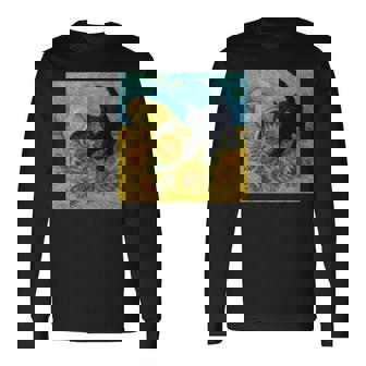 面白いゴッホのひまわり、猫のミーム、黒猫のアート。 長袖tシャツ 長袖Tシャツ - Kawaiitshirt