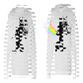 Bigfoot Rock On Proud Gay LGBTQ Progressive New Pride Flag Long Sleeve T-Shirt | Mazezy