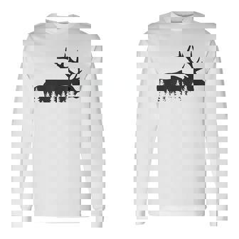 Elk Trees Silhouette Buck Deer Hunting Outdoors Long Sleeve T-Shirt - Thegiftio
