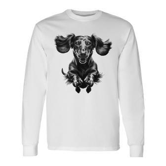 Dachshund In Jump As A Cool Portrait Long Sleeve T-Shirt - Thegiftio