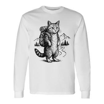 Outdoor Hiking Cat Backpacking Animals Long Sleeve T-Shirt - Monsterry