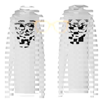 Jack O Lantern Face Pumpkin Halloween Leopard Print Glasses Long Sleeve T-Shirt - Monsterry