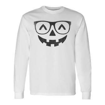 Jack O Lantern Pumpkin Face With Glasses Halloween Costume Long Sleeve T-Shirt - Thegiftio
