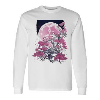 Japanese Cherry Blossom And Moon Japan Blossoms Pastel Long Sleeve T-Shirt - Thegiftio UK