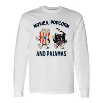 Movies Popcorn And Pajamas Popcorn Movie Night Long Sleeve T-Shirt - Thegiftio UK