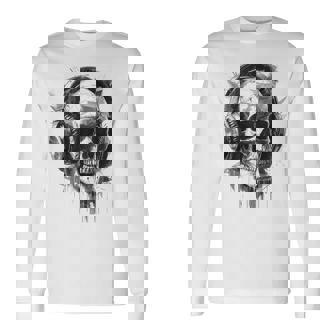 Skull With Headphones Minimalist Graphic Long Sleeve T-Shirt | Seseable CA