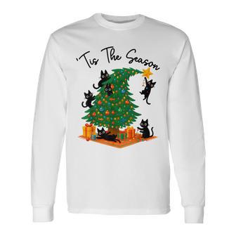 Tis The Season Christmas Tree Cute Black Cat Matching Family Long Sleeve T-Shirt - Thegiftio UK