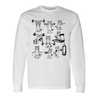 Vintage Retro Weight Lifting Gym Cat Deadlift Cat Love Long Sleeve T-Shirt - Monsterry