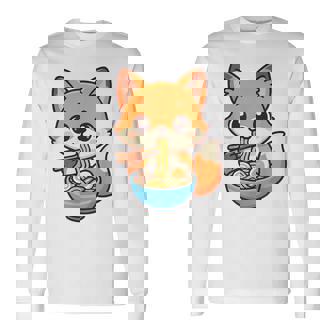 かわいいキツネを食べるラーメンかわいい動物アート 長袖Tシャツ - Kawaiitshirt