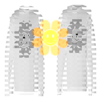 オレンジ70年代レトロファンキーフラワー、イエロースマイルフェイス 長袖Tシャツ - Kawaiitshirt