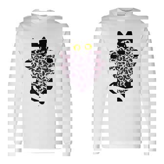 ピンクのヒョウ柄ハートを持つ黒猫 長袖Tシャツ - Kawaiitshirt