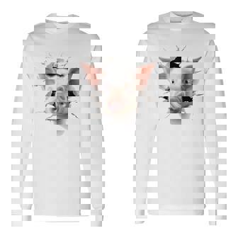 豚 アニマル柄 グラフィック 図面 イラスト 顔 豚 長袖Tシャツ - Kawaiitshirt