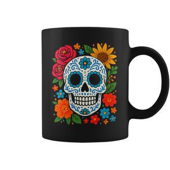 Calavera De Azúcar De Arte Popular Mexicano Con Rosas Y Girasoles Cuello Taza de café - Regaloses