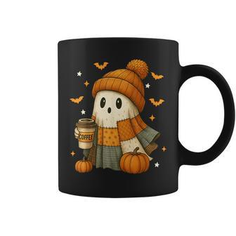 Cute Ghost Drinking Coffee Halloween Patchwork Ghost Women Coffee Mug | Seseable UK
