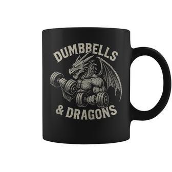 Dumbbells And Dragons Distressed Workout Fantasy Coffee Mug - Monsterry