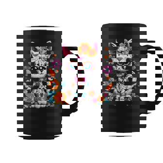 Floral Cat Sugar Skull Day Of The Dead Dia De Los Muertos Coffee Mug | Mazezy