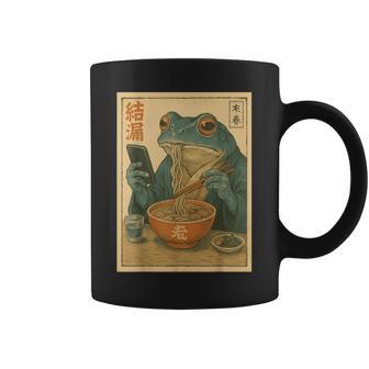 Grumpy Japanese Frog Eating Ramen And Scroll Phone Coffee Mug - Seseable