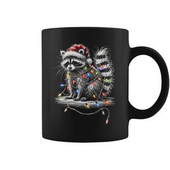Raccoon Santa Hat Christmas Tree Lights Pajama Coffee Mug | Mazezy