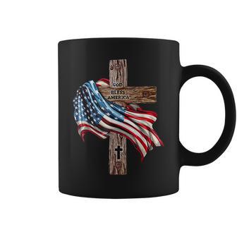 God Bless America Cross American Flag Us Patriotic Christian Coffee Mug - Monsterry