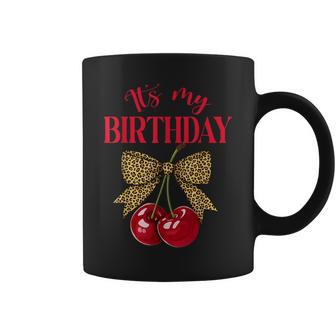 It's My Birthday Cute Cherry Leopard Coquette Bow Birthday Coffee Mug | Seseable CA