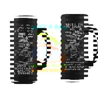 Just A Boy Who Loves Monster Trucks And Dinosaurs T-Rex Coffee Mug - Thegiftio
