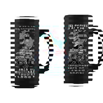 Just A Boy Who Loves Monster Trucks Dinosaurs Trex Usa Flag Coffee Mug | Seseable CA