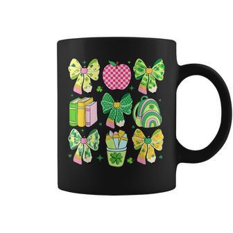Lucky Teacher St Patrick's Day Coquette Bow Book Apple Coffee Mug | Mazezy