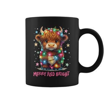 Merry And Bright Cute Highland Cow Christmas Xmas Lights Coffee Mug | Mazezy