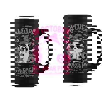 In October We Wear Pink Breast Cancer Awareness Halloween Coffee Mug | Mazezy