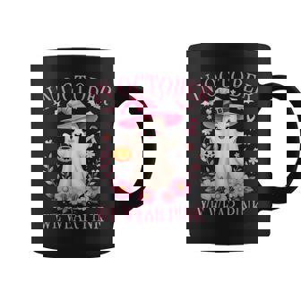 In October We Wear Pink Breast Cancer Awareness Halloween Coffee Mug | Mazezy
