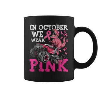 In October We Wear Pink Breast Cancer Monster Truck Dinosaur Coffee Mug - Thegiftio UK