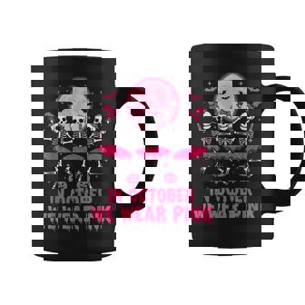 October We Wear Pink Skeleton Halloween Breast Cancer Women Coffee Mug - Monsterry