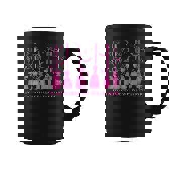 In October We Wear Pink Witch Broom Breast Cancer Halloween Coffee Mug | Mazezy