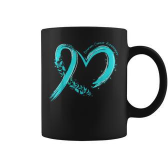 Ovarian Cancer Awareness Heart Ribbon Teal Support Womens Coffee Mug | Mazezy