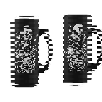 Skeleton Drinking Coffee Gothic Peace Sign Halloween Hippie Coffee Mug - Monsterry