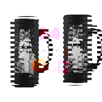 Spooky Cute Ghost Drinking Iced Coffee Pumpkin Bow Halloween Coffee Mug - Seseable