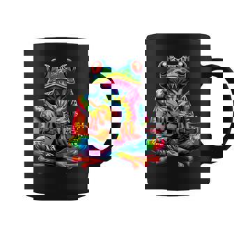 Tie-Dye Frog Playing Guitar Peace Sign Hippie Coffee Mug - Monsterry