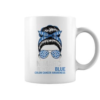 Colon Cancer Awareness Messy Bun In March We Wear Blue Coffee Mug | Mazezy