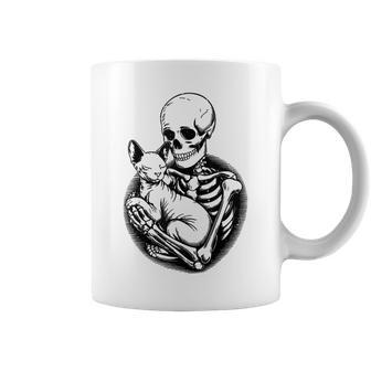 Skeleton Hugging Sphynx Cat Halloween Mom Dad Vintage Coffee Mug - Monsterry