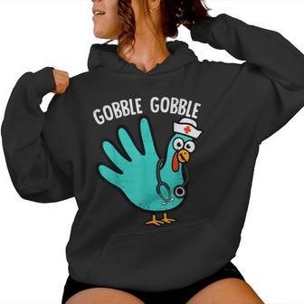 Cute Turkey Glove Nurse Thanksgiving Scrub Top Rn Icu Er Women Hoodie - Monsterry