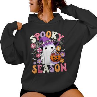 Groovy Spooky Season Retro Ghost Holding Pumpkin Halloween Women Hoodie - Thegiftio UK