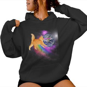 Naranja Espacio Cat Laser Eyes Rainbow Cat Sudadera con capucha para mujer - Regaloses
