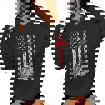 Semi Truck American Flag Christian Truck Driver Patriotic Women Hoodie | Mazezy
