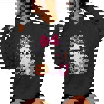 Spooky Cute Ghost Drinking Iced Coffee Pumpkin Bow Halloween Women Hoodie | Seseable CA