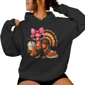 Turkey Drinking Coffee Thanksgiving Bow Turkey Day Women Hoodie - Thegiftio UK