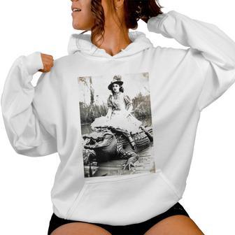 Girl Riding Alligator Whimsical Vintage Florida Meme Women Hoodie - Thegiftio